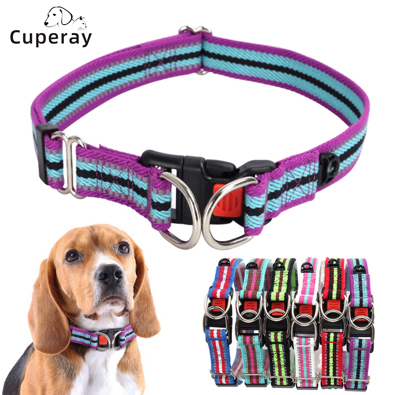 Poly Cotton Pet Collar Adjustable Dog Collar with Reflective Strips and Double D Buckle Suitable for Cats & Small To Medium Dogs