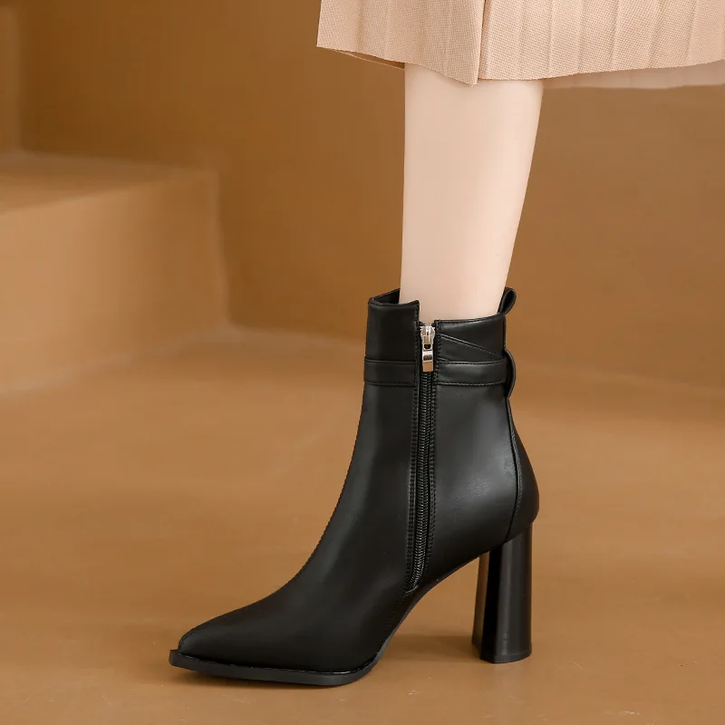 New Autumn Thick Heel Pointed Short Boots Side Zipper High Heels Women Shoes Metal Button Professional OL Ladies Ankle Boots