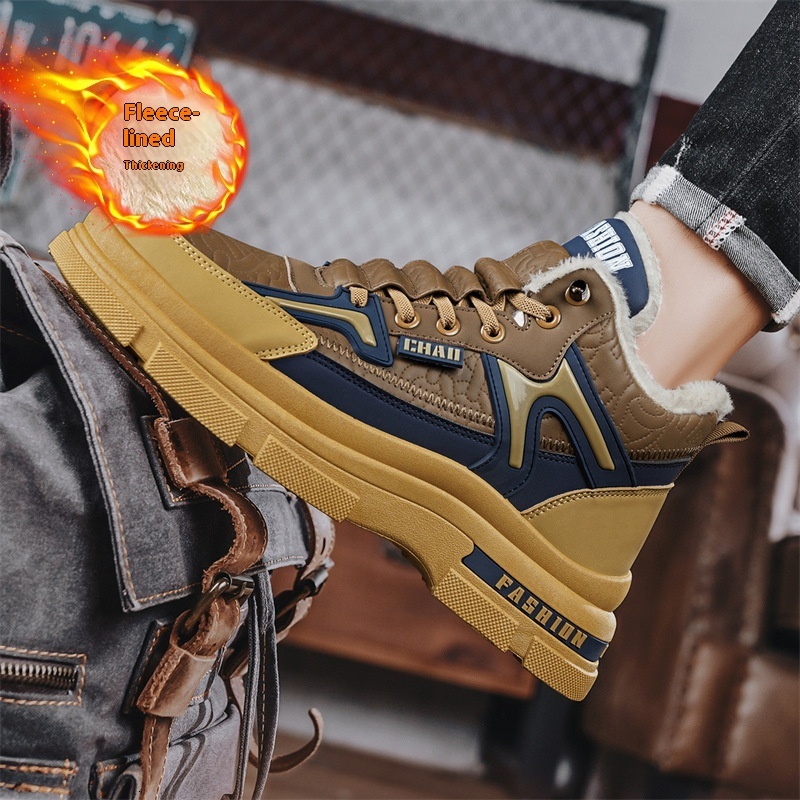 Mid top leather with plush Martin boots for outerwear, warm snow boots, British style men's thick soled cotton shoes