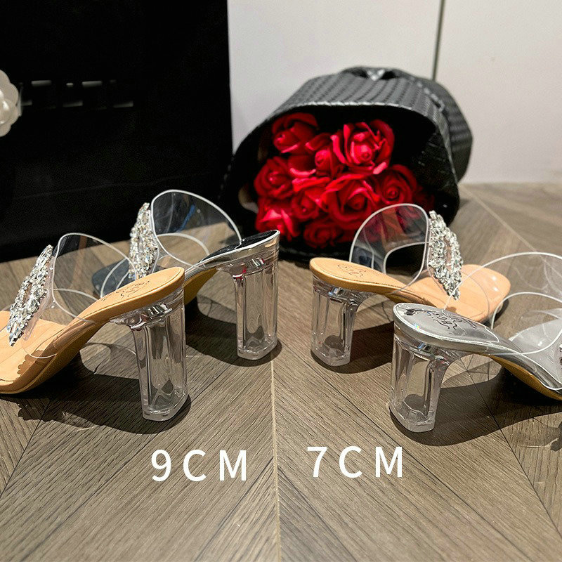 2024 Summer New Fairy Wind Rhinester Transparent Slippers For Women Crystal Thick Heels Outter Wear Slippers