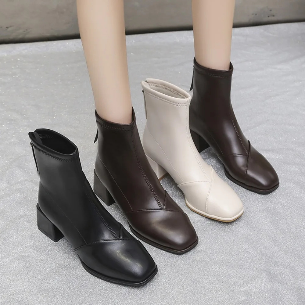 Thick Heel Boots High Short Women Fall Korean Version All-match Square Toe Winter Fashion Short Boots 240904