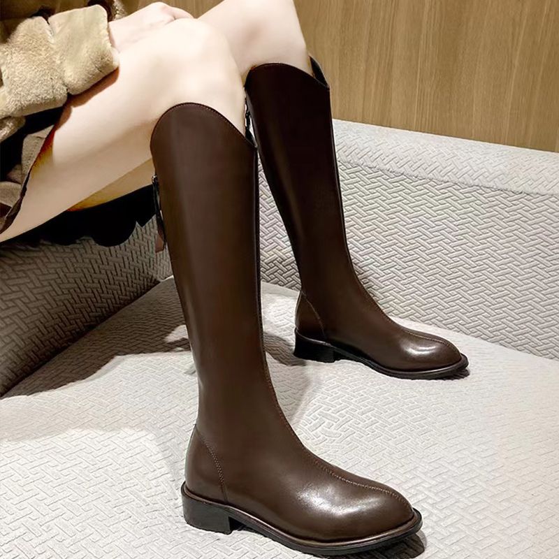 Black Footwear Brown Middle Heel Long Shoes for Woman Pointed Toe Winter Knee High Shaft Leather Women's Boots Pu Y2k Quality 39