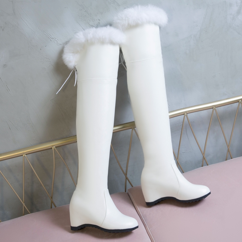 Winter 2023 Overknee High Boots Women Comfy Wedges Heels Warm Fur Snow Boot Female Fashion Black White Plush Shoes Girls 5a62