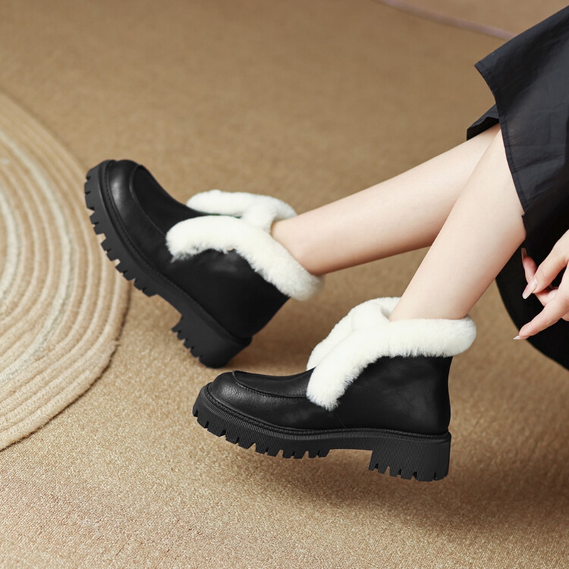 Winter NEW Split Leather Ankle Round Toe Chunky Heel Women Shoes Platform Modern Warm Wool Boots 8b29