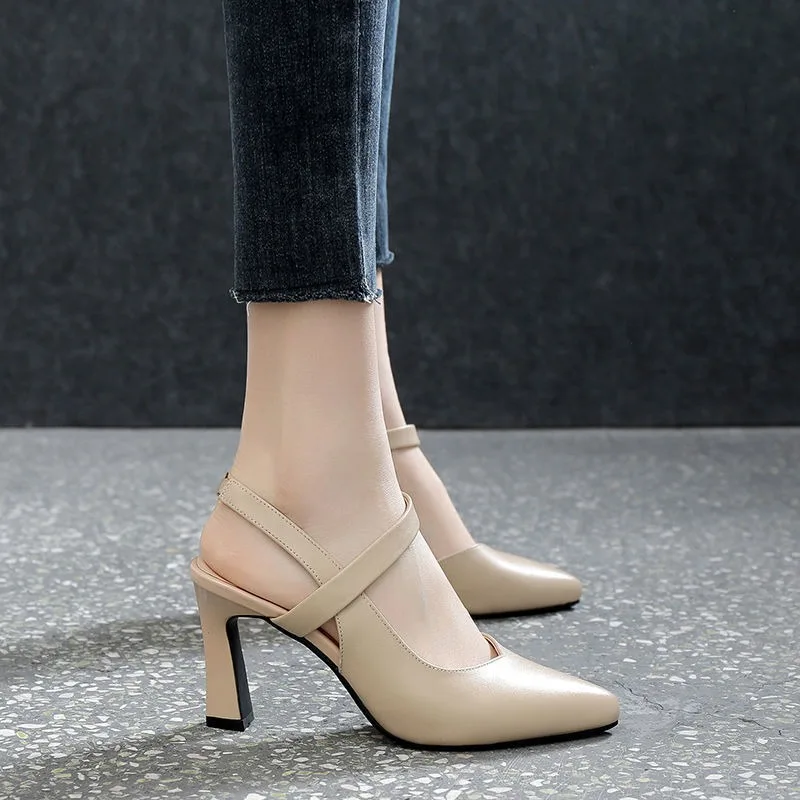 Women High Heels Sandals Shoes Pointed Toe Thick Heel Soft Sexy Pu Leather Slip on Pumps Solid Color Casual Party Office Shoes