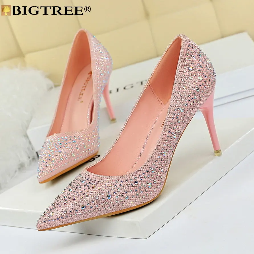 2025 new Pumps BIGTREE For High Heel Fashion Rhie Pointed Toe PU 7CM Thin Heels Sweet Party Women Shoes Black 70bb s