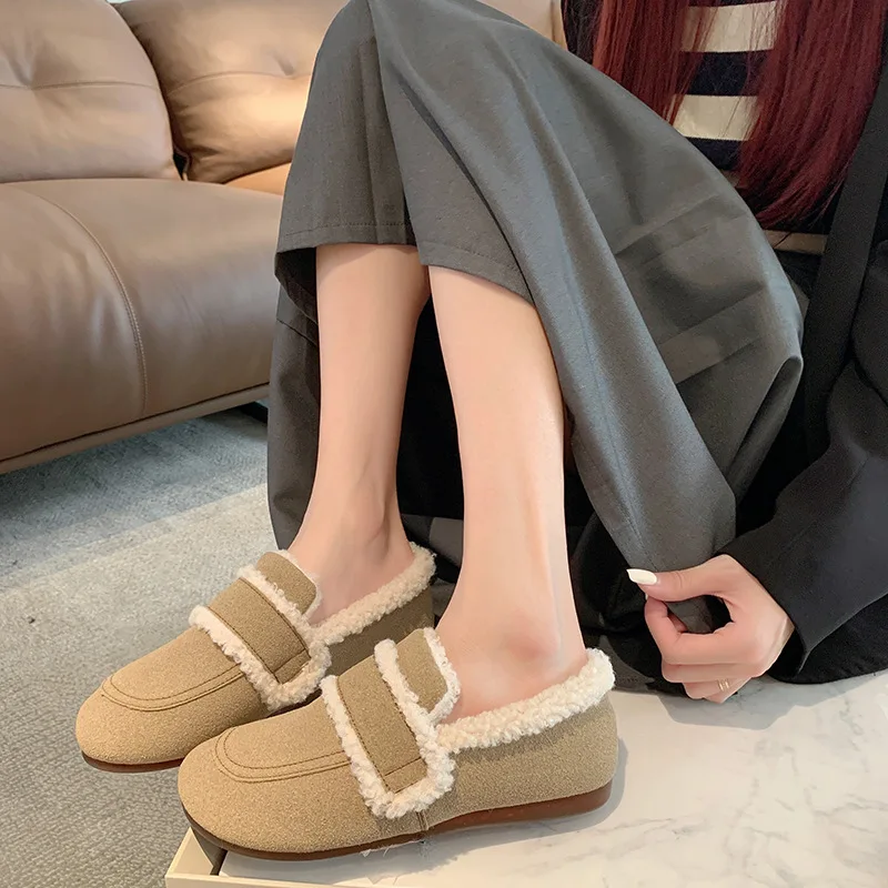 Retro Flat Bottomed Casual Women's Cotton Shoes Autumn Winter Mocasines Thick Plush Slip on Loafers Soft Sole Khaki Zapatillas
