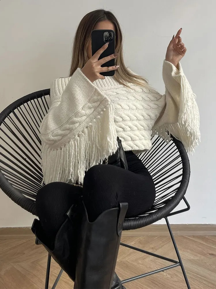 Thicken White Tassel Off Shoulder Sweater Women Elegant Slash Neck Long Sleeve Short Wool Pullover Winter Lady Knit Jumpers 240911