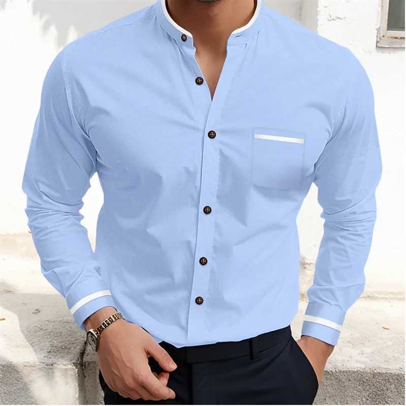 Mens Shirts Formal Button Up Shirt White Long Sleeve Color Block Stand Collar Spring Office Career Wedding Party Outfit Pocket Z240914