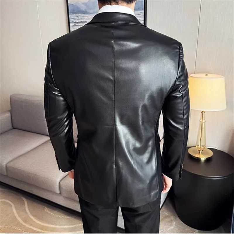 High Quality Leather Jacket Men Single Button Slim Fashion Leather Blazers Male Business Casual Suit Coats Solid PU Outwear ManX240913