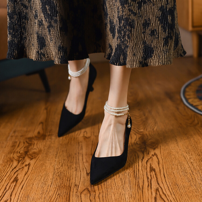Spring NEW Pointed Toe Thin Heel Women Pumps Sheep Suede High Elegant Women's Stiletto Heels Pearl Party Shoes 8bec 's s
