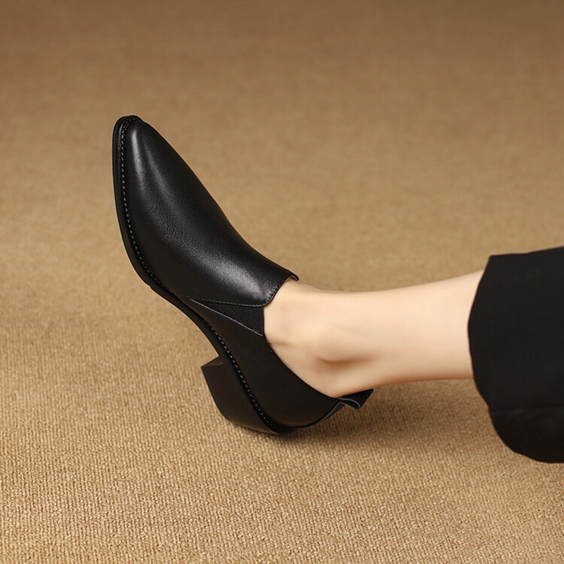 Spring/Autumn NEW Pumps Genuine Leather for Women Pointed Toe Chunky New Heel Casual Black Slip-on Handmade Shoes ed5c