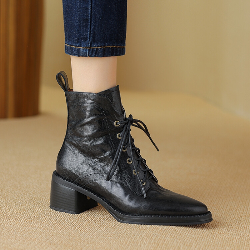 Autumn NEW Genuine Leather for Women Pointed Toe Chunky Heel Shoes Lace-up Ankle Zipper Designer Boots 4a2a