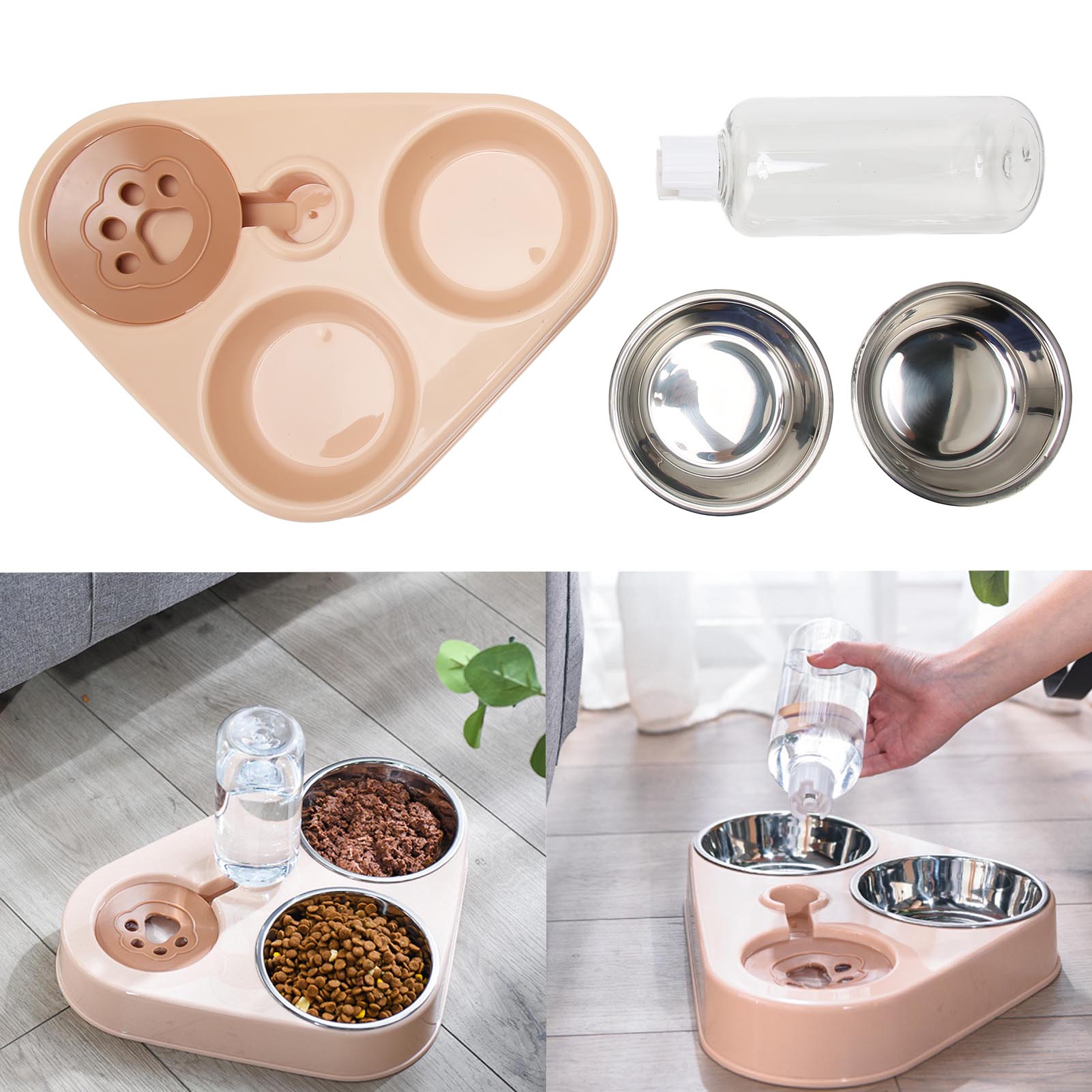 Pet Waterer Bottle Food Bowl Set Prevent Spill Triple Cat Bowls With Automatic Water Bottle For Cat Dog