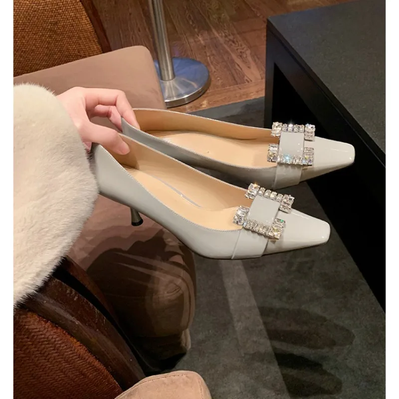 Elegant Square Button Water Diamond Square Head High-heeled Shoes Women Spring Autumn Shopping Commuting Fashion Single Shoes