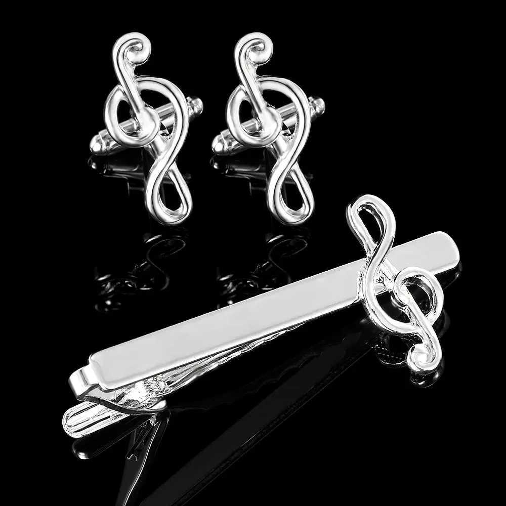 2 PCS Mens G Clef Cufflink Tie Clip Set With Blue Crystal Paved For Music-Lover Musicians Festival GiftX240914
