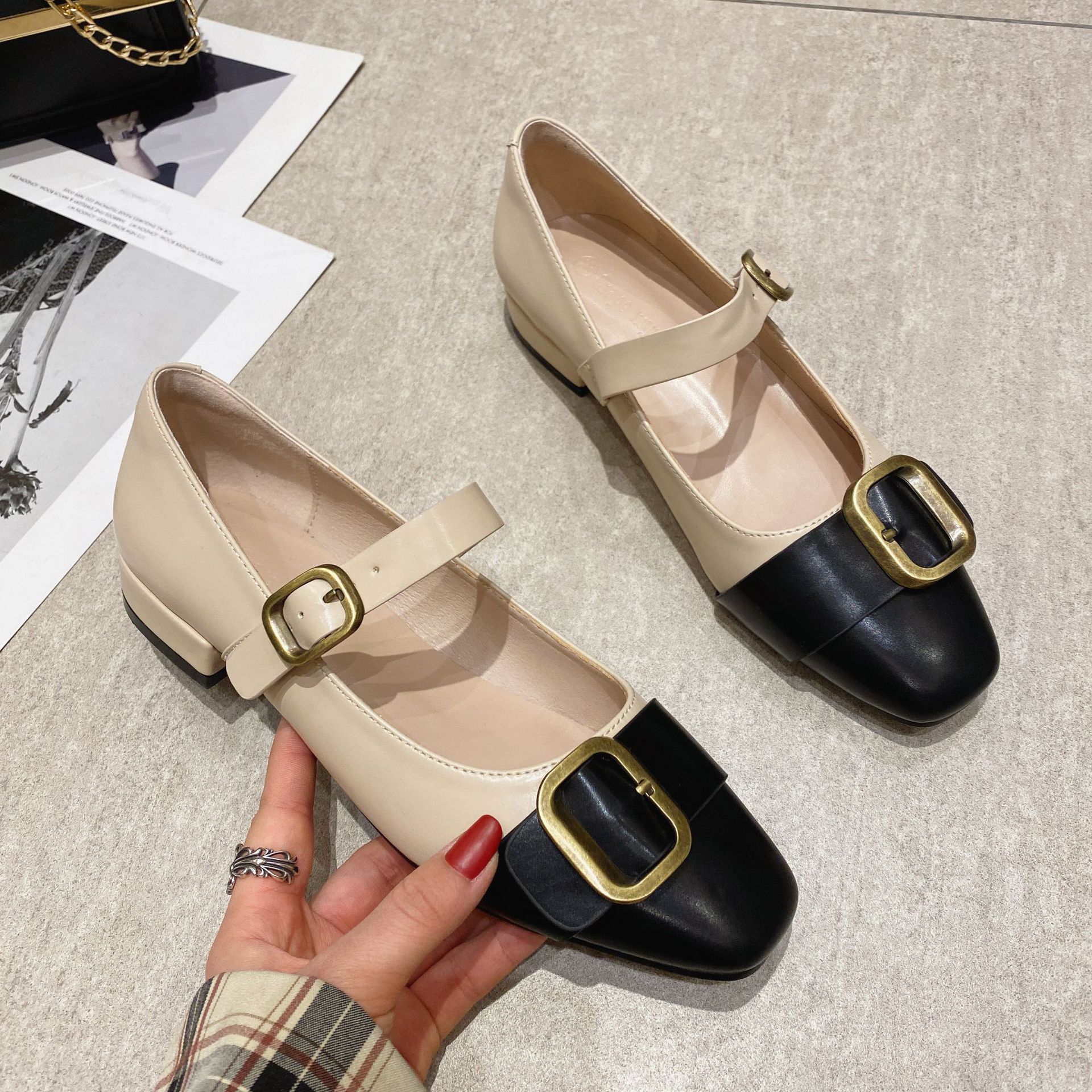 black/beige mixed color low heel leather shoes woman metal buckle mary janes retro square toe ankle belt pumps talon femme 2022