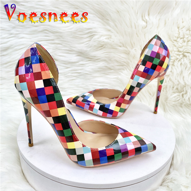 Summer Colorful Grid High Heels Pumps High Quality 12CM Party Women Shoes Club Fashion Slip-on Pointed Toe Stilettos Plus Size