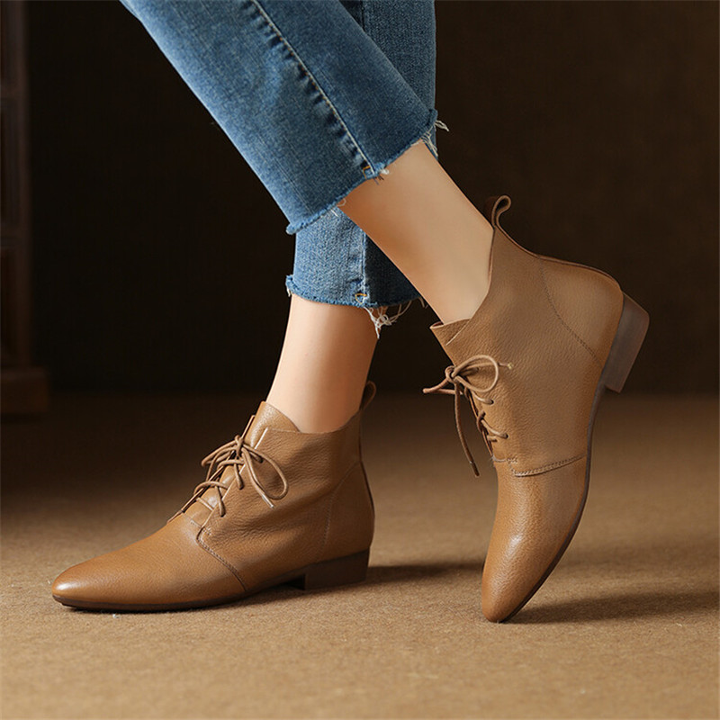 2023 New Autumn Genuine Leather Women Boots Round Toe Low Heel Ankle Boots for Women Winter Fashion Boots Lace-up Women Shoes