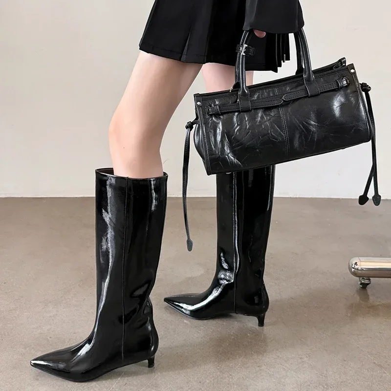 JOZHAMTA Size 34-43 Knee High For Women Genuine Leather Sexy Pointy Kitten Heels Shoes Winter 2025 Wide Calf Long Boots