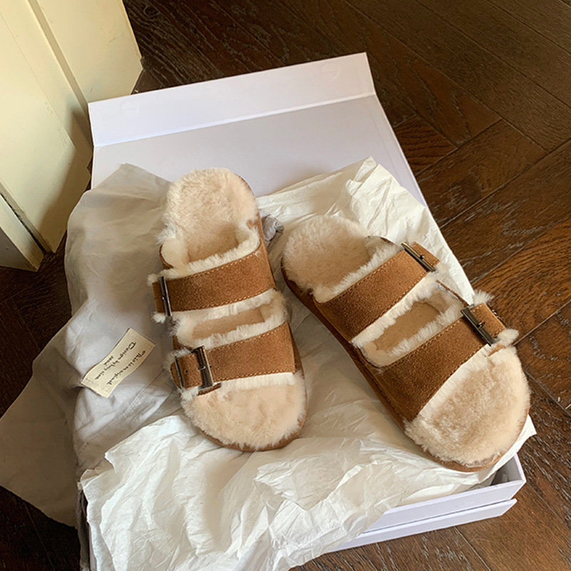 Ins Winter lambswool cork slippers women warm plush fur shoes woman thicken soled double belt buckle cotton slides mujer 2021