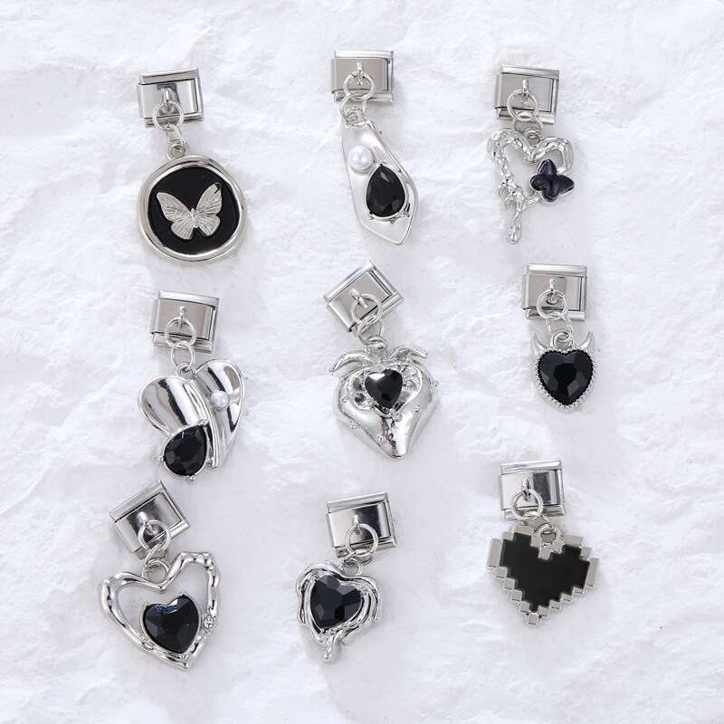 New Women's Gift black flower heart bow Pendant Italian Charms Links Bangle Beads Fit 9mm Stainless Steel Bracelet Making DIY For Women Fashion J