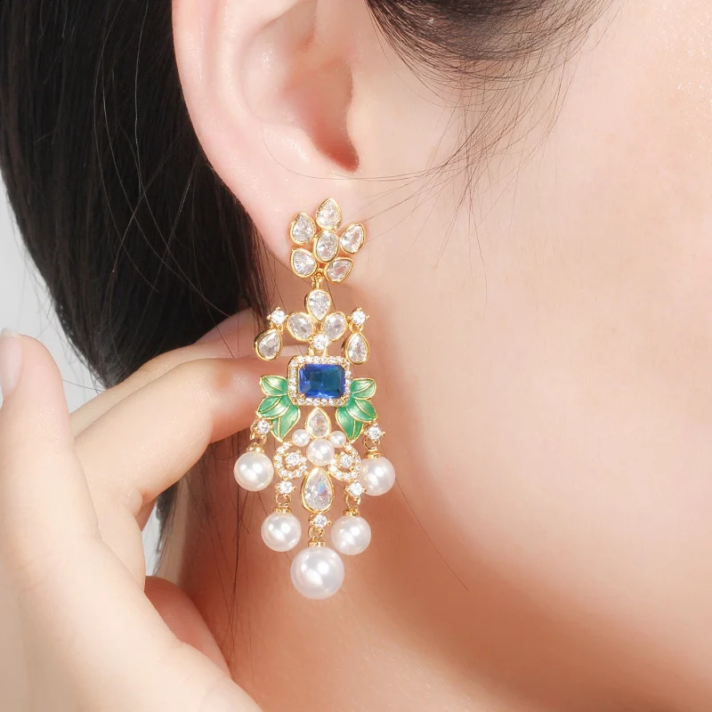 CWWZircons Flowers Cubic Zircon CZ Long Dangle Pearl Earrings for Women African Bridal Earring aretes de mujer modernos CZ656 240914