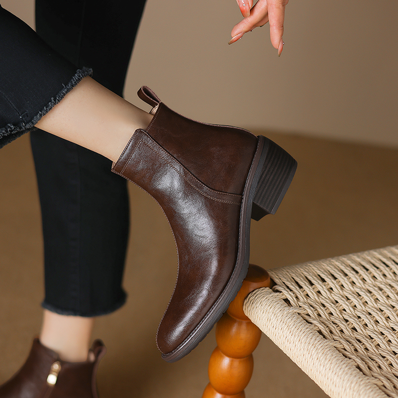 2024 New Winter Round Toe Chunky Heel Women Shoes Retro Western Ankle Boots Genuine Leather efb7