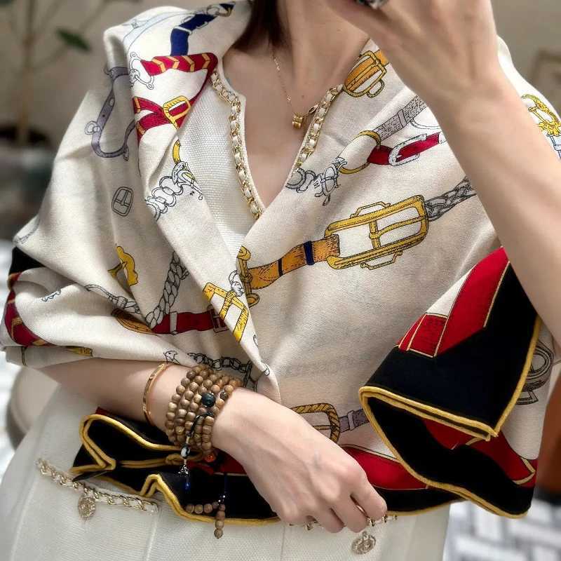 Scarves 140X140CM high-quality womens scarf double-sided printed silk cashmere shoulder bag top square sun head scarf for outdoor warmth J240913