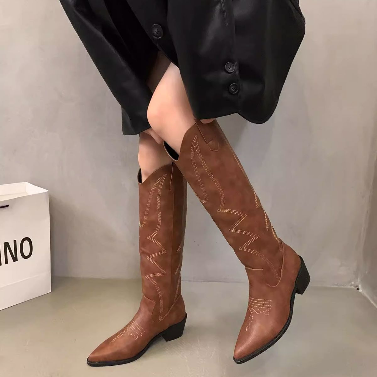 Cowgirl Woman Fashion Slip On Ladies Elegant Square Low Heel Knee High Boots Shoes Women's Winter Footwear c109