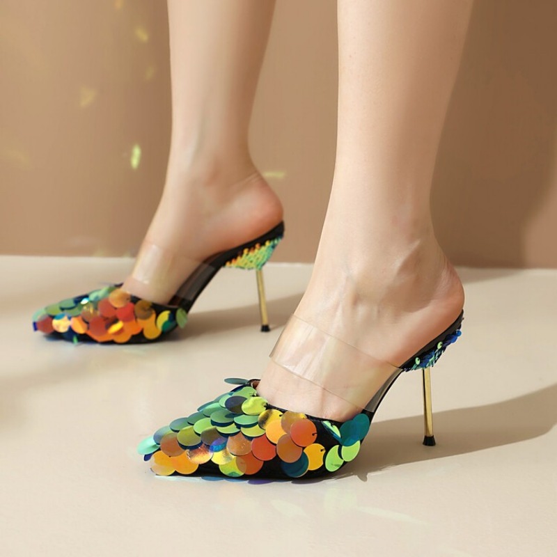 New Pointed Large Sequin Outdoor Summer Slippers Women's Summer Nightclub Spicy Girl Punk Style Roman Shiny Sandals Size 32-43