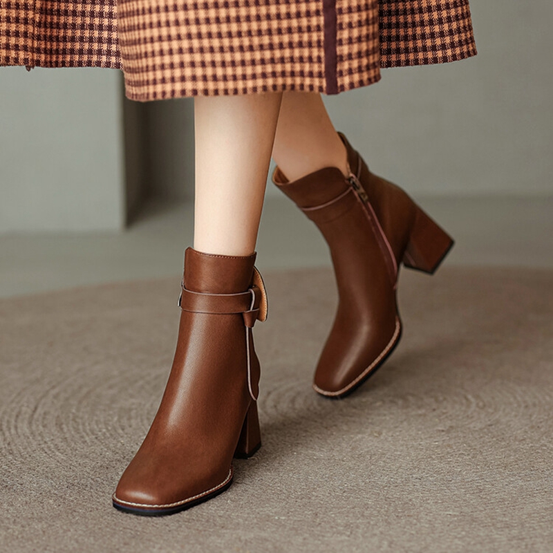 Casual NEW Split Leather Square Toe Chunky Shoes Winter Zipper Modern Women Solid High Heel Boots 70b6