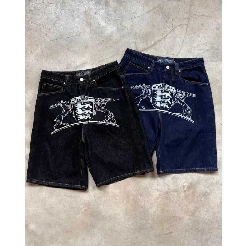 y2k letter printed black denim shorts hip-hop fashion retro trendy loose trousers Harajuku style skateboard street sportswearX240914