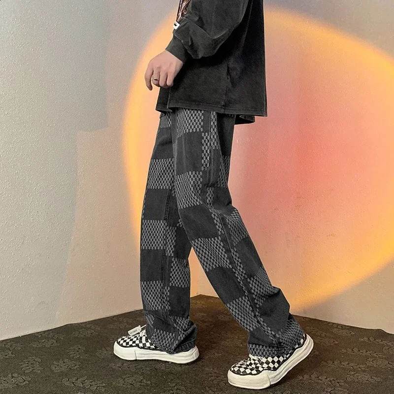 With Pockets Male Cowboy Pants Lattice Straight Jeans for Men Trousers Winter Casual Y 2k Vintage Summer Original Oversize 240911