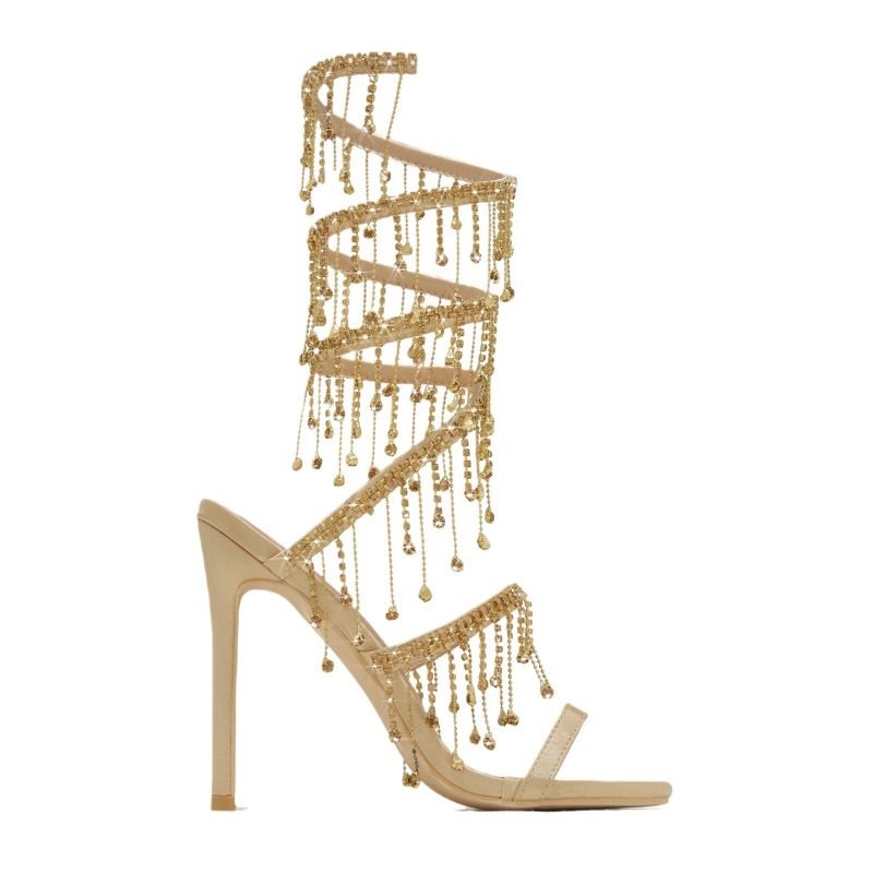 2024 Black Gold Wrap Rhinestone Pendant Sandals Woman Summer 11cm High Heel Crystal Chain Wedding Banquet Women Shoes Size 42