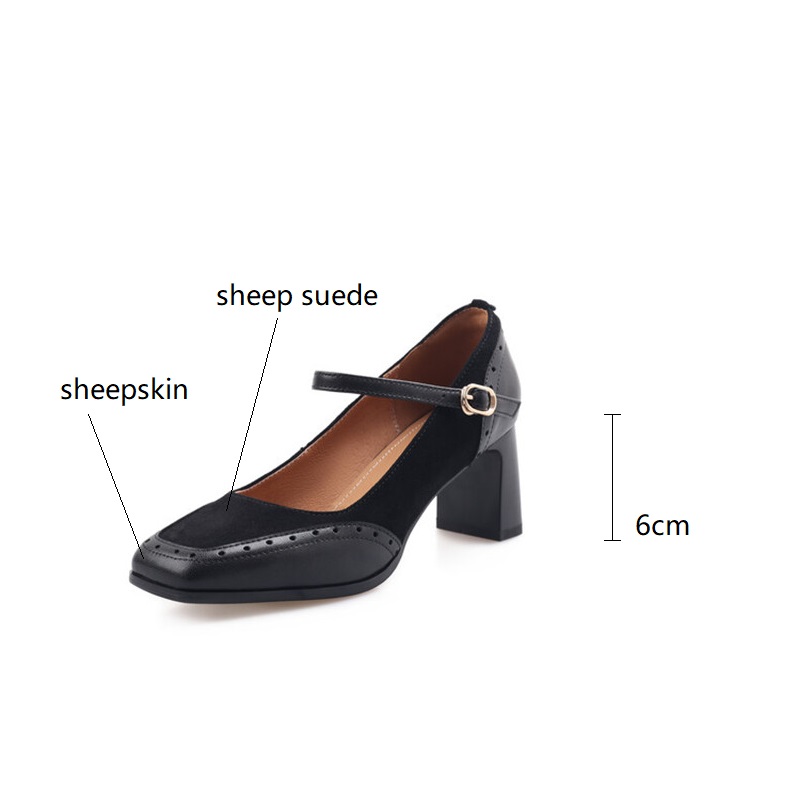 2025 new Spring New Sheep Suede Square Toe Pumps Fashion Brogue Designs Mary Jane Shoes for Women Chunky High Heels bba6