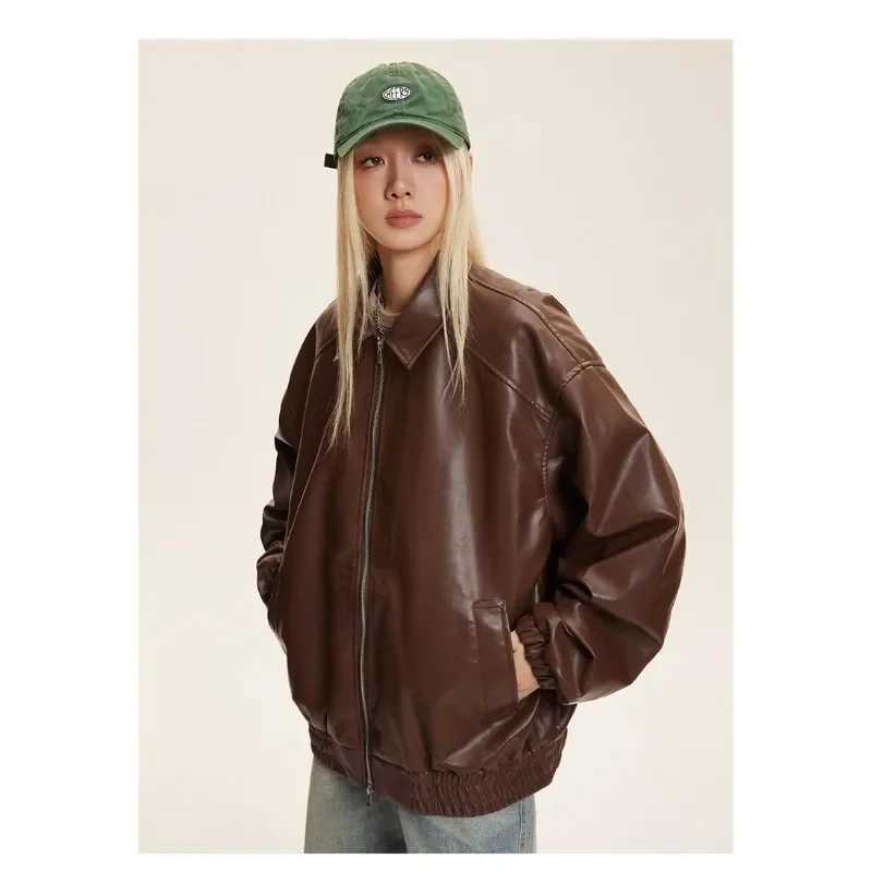 2024 Autumn New Youth Trendy Casual Loose Versatile Trendy Imitation Protein Leather Collar CoatX240913