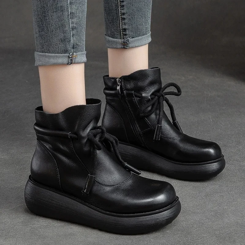 5cm New Genuine Leather Autumn Ethnic Platform Wedge Ankle Mid Calf Booties Woman Super Thick Chunky Boots Rubber Shoes