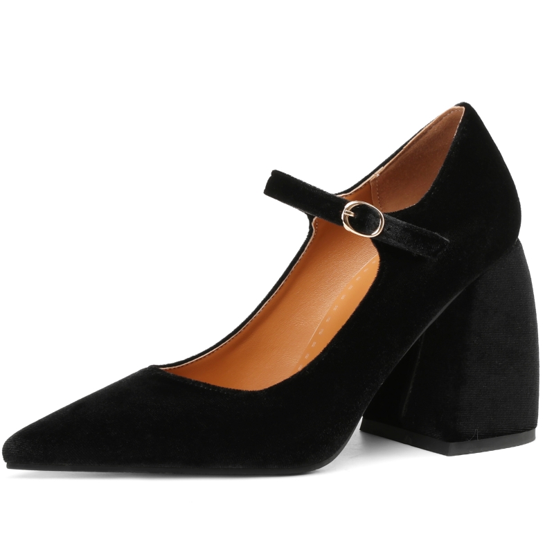 Square Designer High Heels Mary Janes Veet Black Green Heeled Dress Pumps Women Large Size Office Party Wedding Shoes 7834