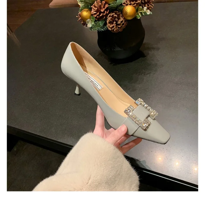 Elegant Square Button Water Diamond Square Head High-heeled Shoes Women Spring Autumn Shopping Commuting Fashion Single Shoes