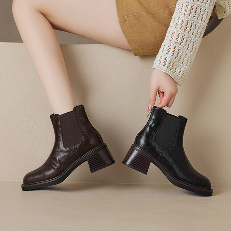 Winter NEW Split Leather for Square Toe Chunky Heel Women Shoes Retro Zipper Snow Warm Plush Boots 1091