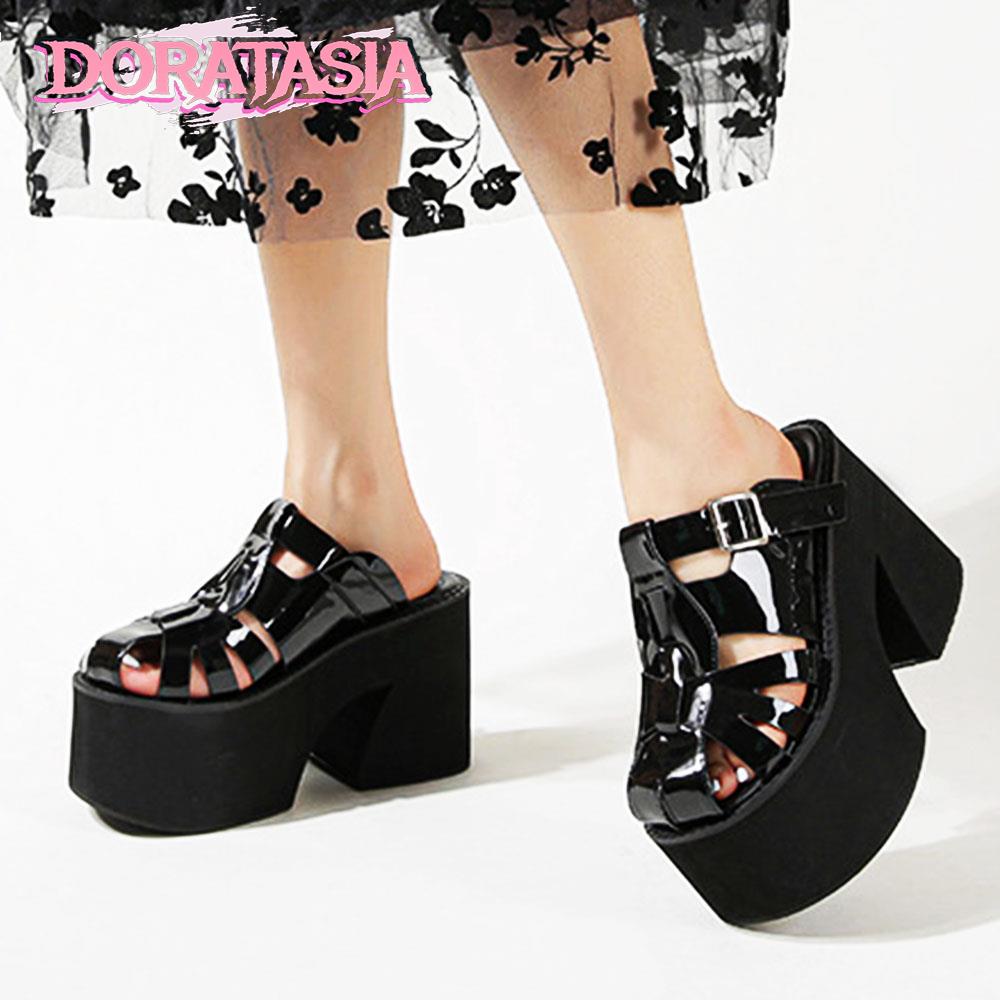 Gothic Punk Platform Sandals Rome Luxury Brand New Women Slippers Slip On Cover Toe Block High Heels Fashion Street Shoes Woman