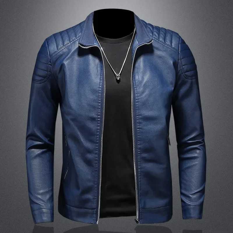 Spring and Autumn Mens Motorcycle Jacket Solid Polo Neck Fashion Casual PU Jacket High Quality Mens Leather JacketX240913