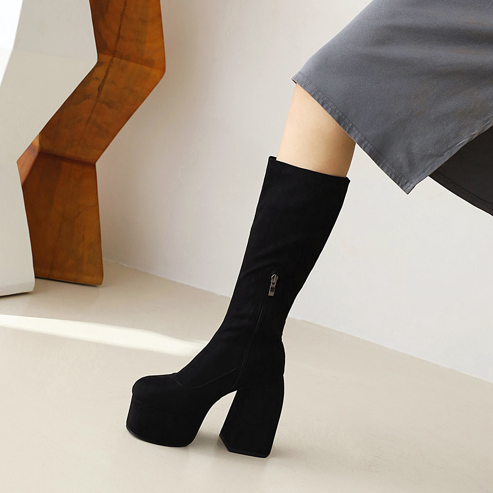 New Super High Thick Heel Leopard Print Short Plush Lining Women's Knee-Length Boots High Waterproof Platform Flock Zipper Boots