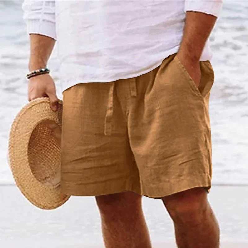 Mens summer cotton and linen shorts with drawstring elastic waist straight legs solid color breathable daily beach capris Y240914