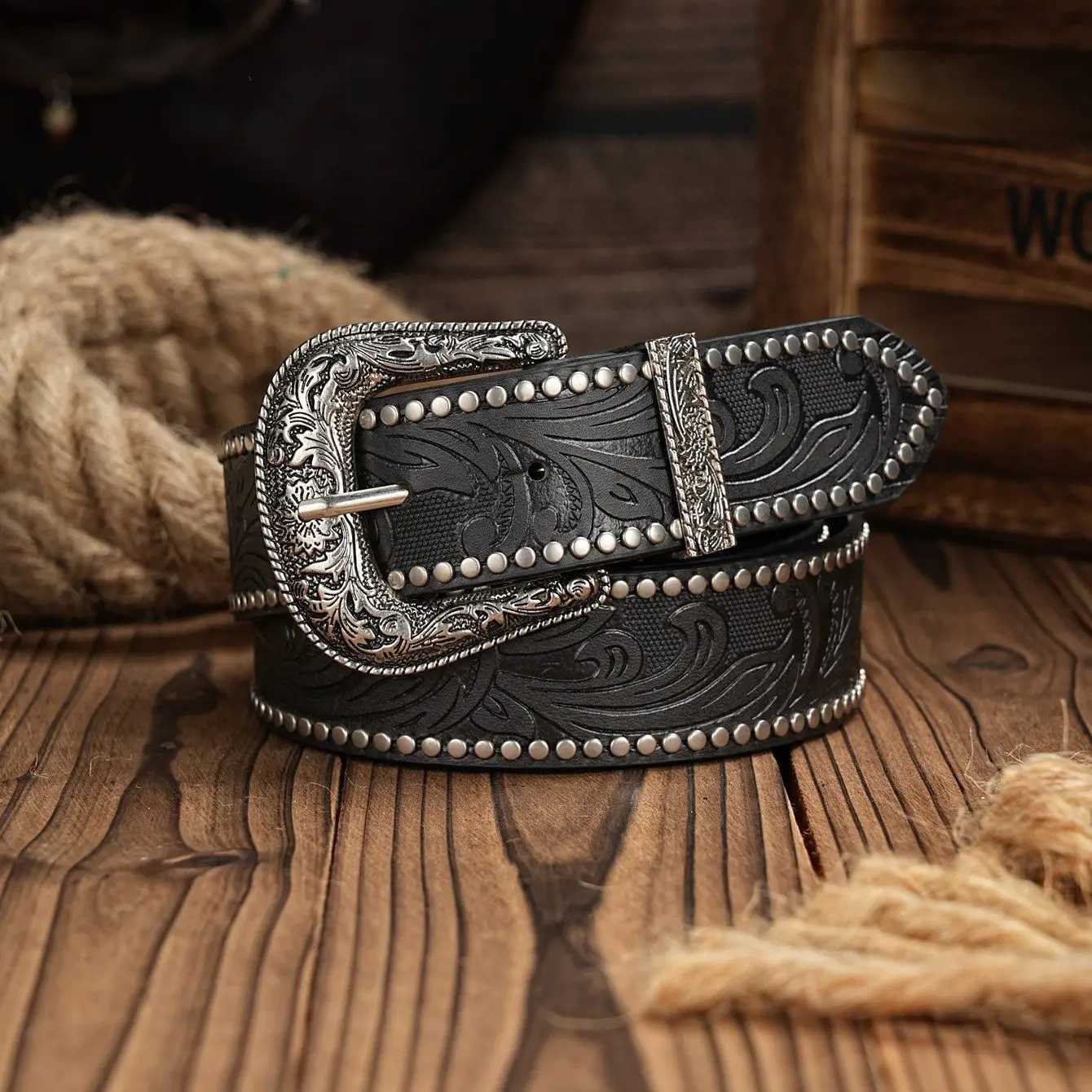 Western Cowboy PU Leather Belt - Men Waist Strap Bull Decoration Floral Engraved for JeansX240914
