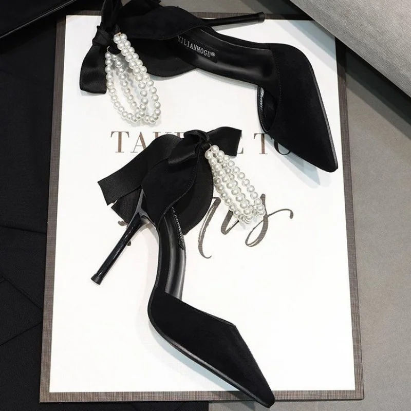 Black Pumps Women's 2024 Summer New Brand Design String Bead Pearls Wedding Bridal High Heels Sexy Pointed Toe Party Dance Shoes eb65 54b7