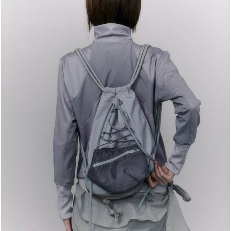 Korean Fashion Nylon Drawstring Handbag Backpack Casual Prefabricated High Capacity Y2K Detachable Mesh Travel Bag 240912