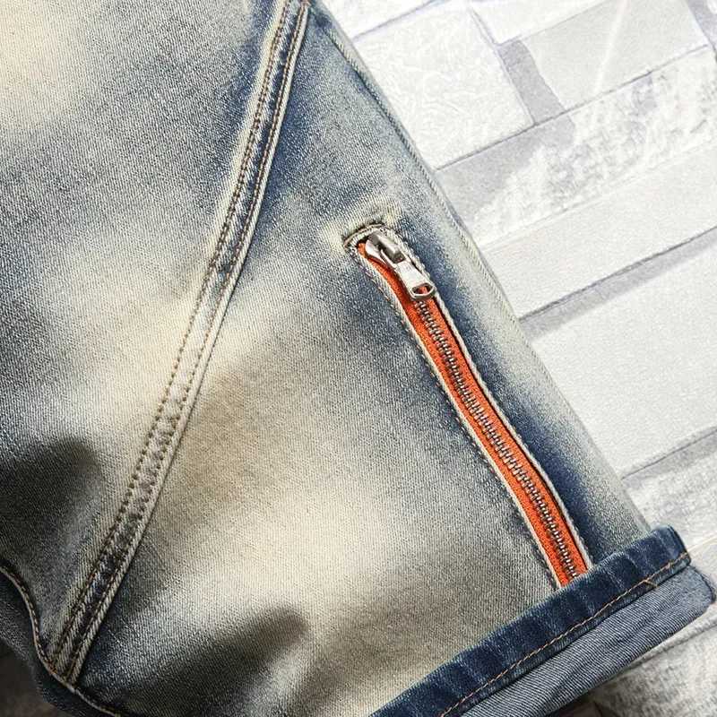 Summer New Mens Fashion Stretch Denim Shorts Retro High Street Style Old Slim Fit Short Jeans Splicing Design 98% Cotton BrandX240914