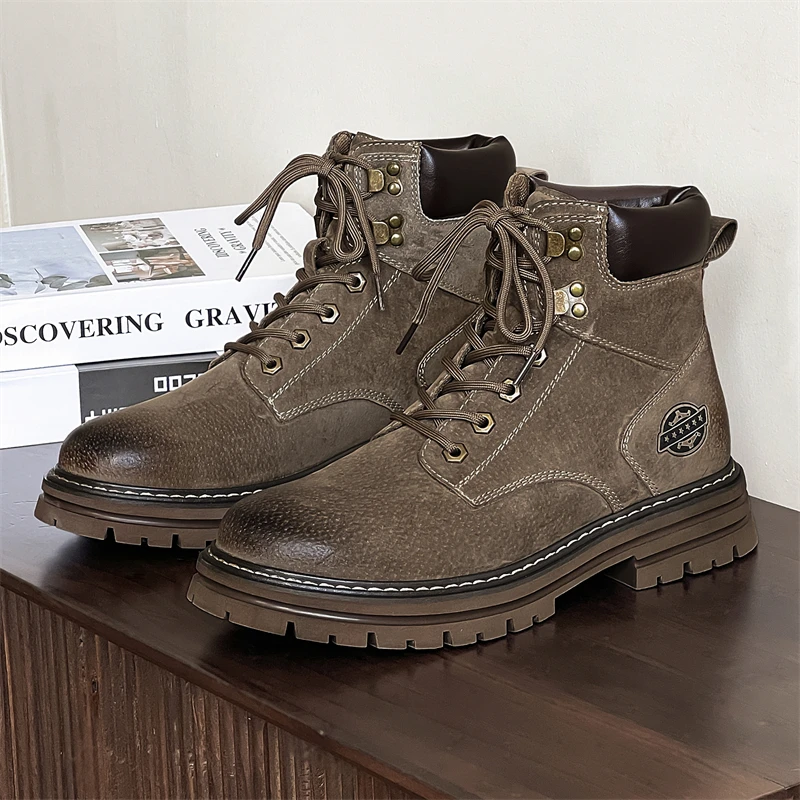 Round Quality Toe Men's Desert Winter Casual Leather Outdoor Stylish Ankle Boots Fashion British Anti Slip High Top Shoes 1cfc 9894